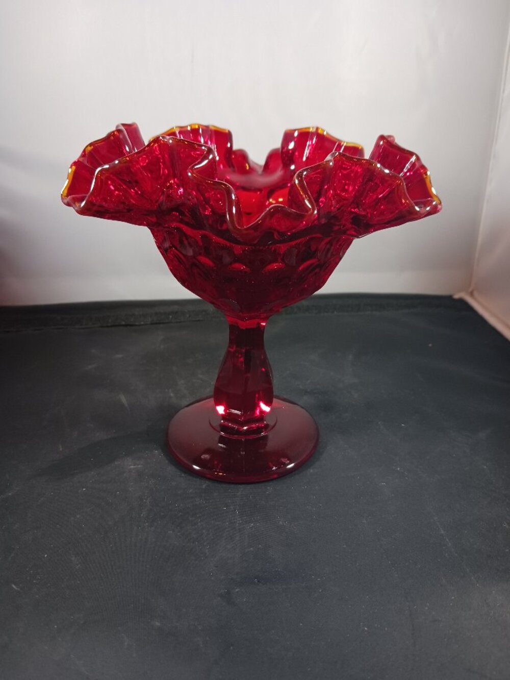 Fenton Vintage Ruby Red Thumb Print Amber Crest Compote with Ruffled Rim
